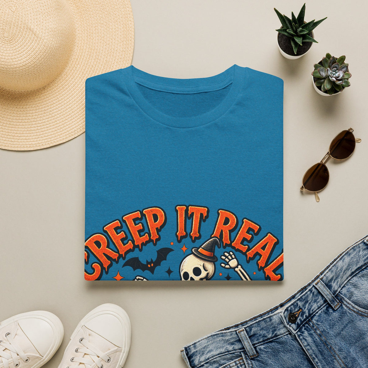 Creep It Real Halloween Adult T-Shirt — Dancing Skeleton & Pumpkin Graphic