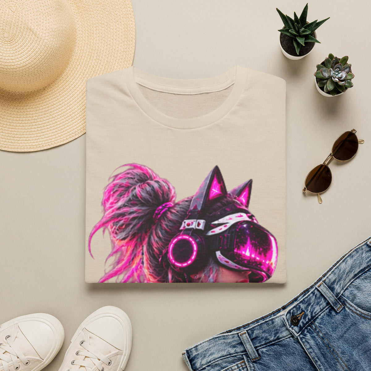 Cat VR Gamer Adult T‑Shirt — Neon Pink Cyberpunk Kitty Gamer Tee