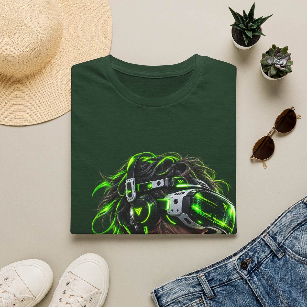 Cyberpunk VR Gamer Adult T-Shirt — Neon Green Virtual Reality Jacket Design