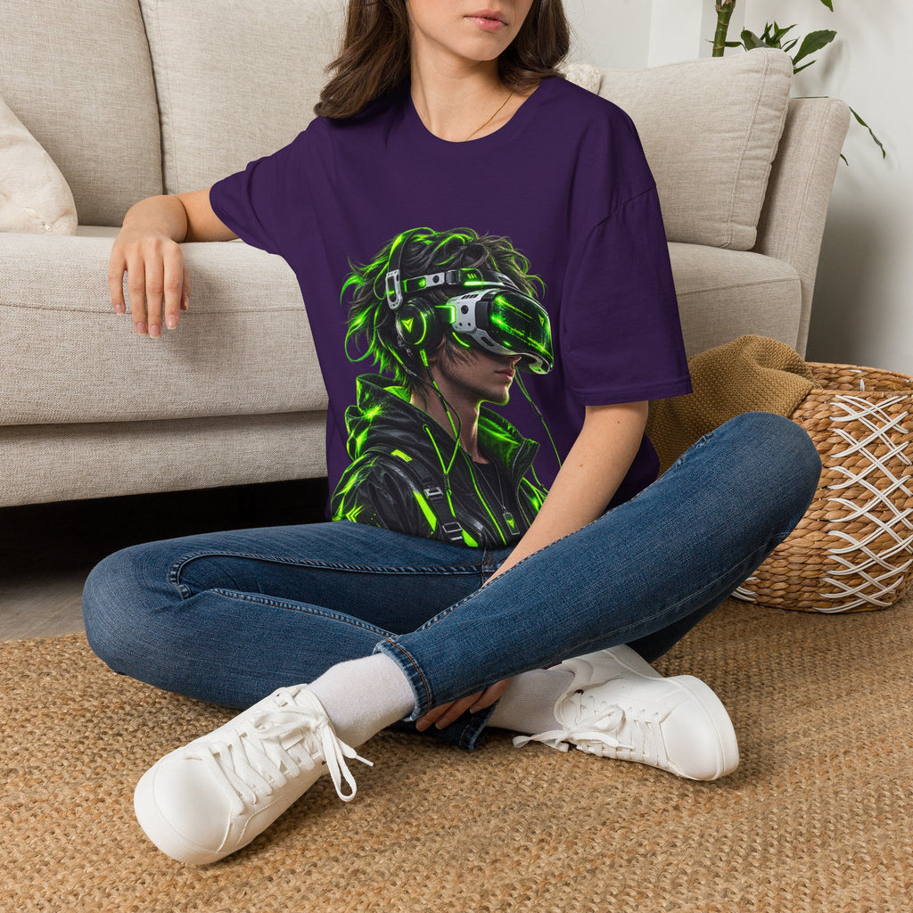 Cyberpunk VR Gamer Adult T-Shirt — Neon Green Virtual Reality Jacket Design