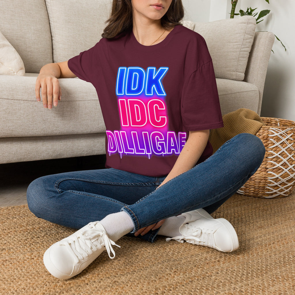 IDK IDC Dilligaf Graphic Adult T-Shirt – Neon Retro Statement Tee