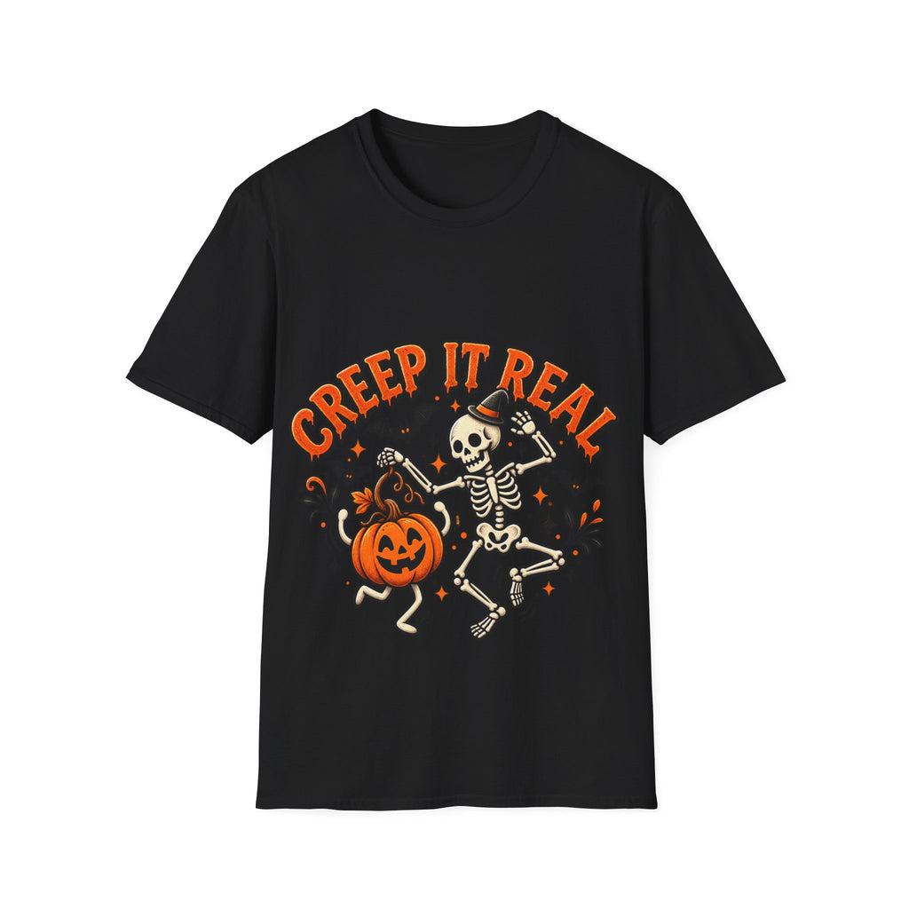 Creep It Real Halloween Adult T-Shirt — Dancing Skeleton & Pumpkin Graphic