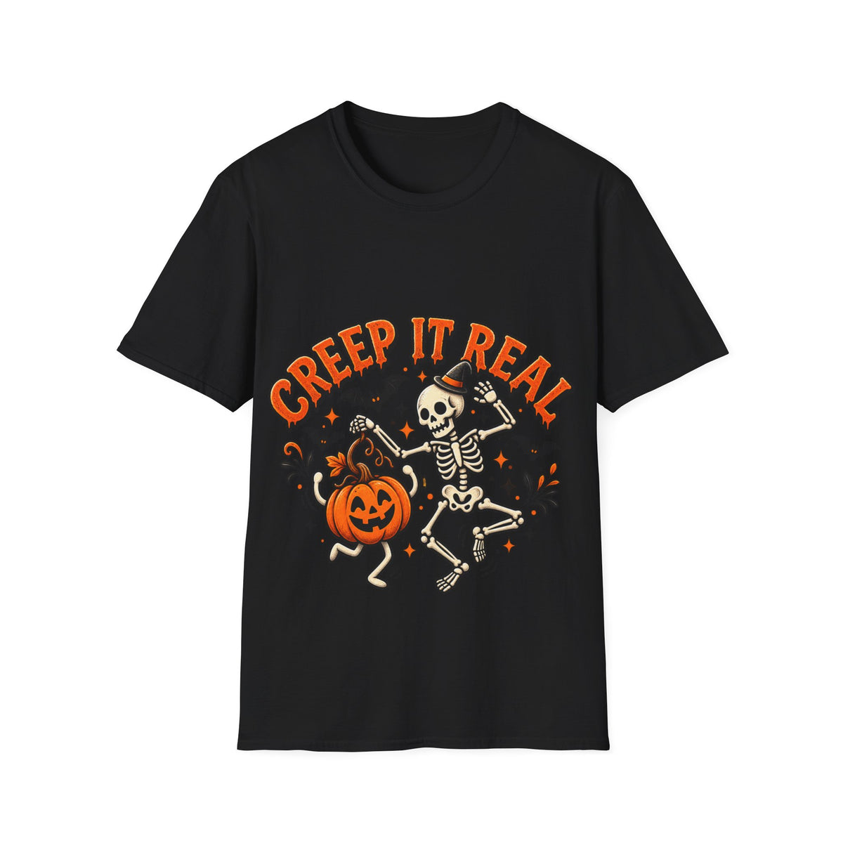 Creep It Real Halloween Adult T-Shirt — Dancing Skeleton & Pumpkin Graphic