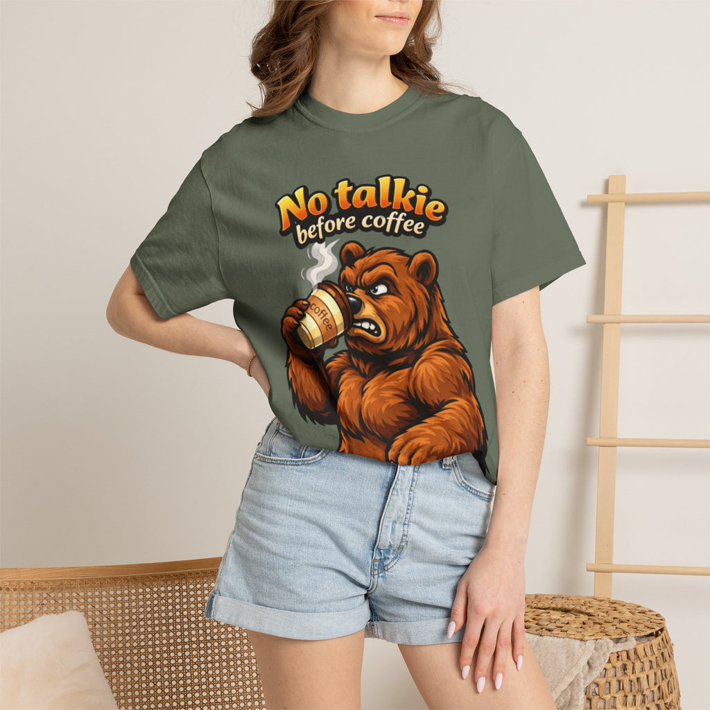 Adult T-Shirt — "No Talkie Before Coffee" Bear Graphic