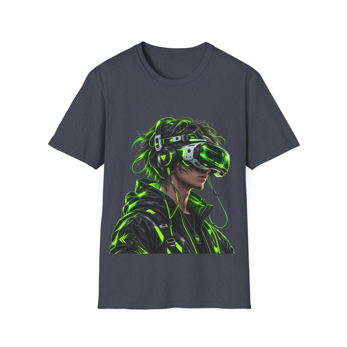 Cyberpunk VR Gamer Adult T-Shirt — Neon Green Virtual Reality Jacket Design