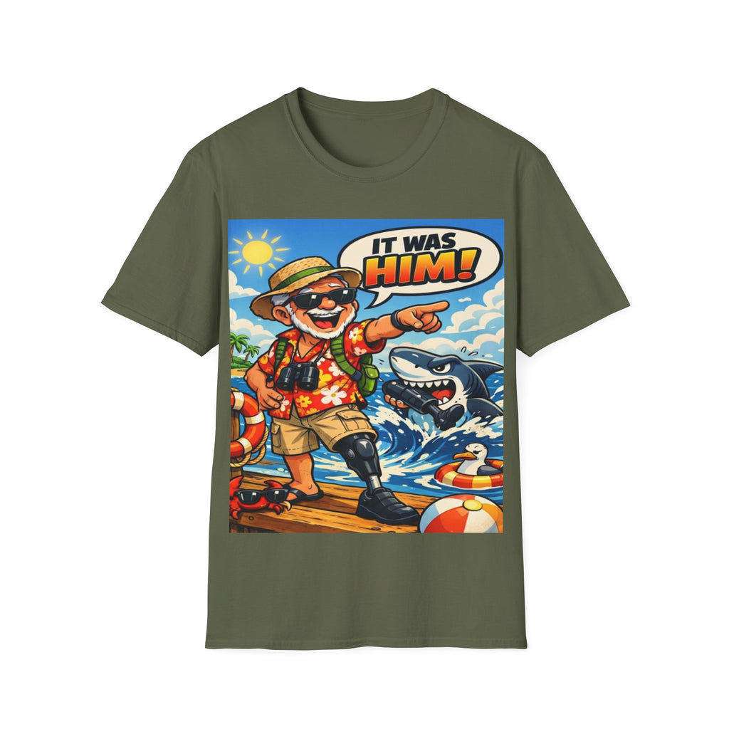 Adult T-Shirt — Retro Vacation Shark 'It Was Him!' Graphic Tee