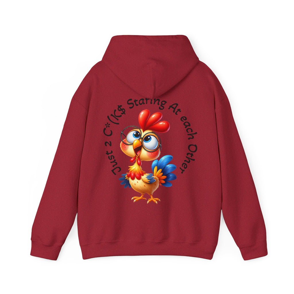 Adult Hoodie — Cute Cartoon Chicken “Just 2 C*#ks Staring At Each Other” Funny Graphic Hoodie