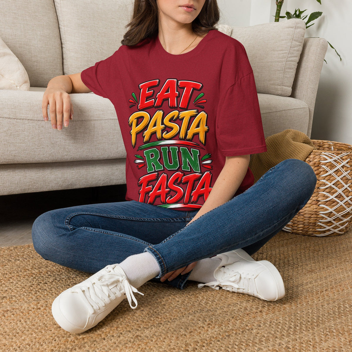 Eat Pasta Run Fasta Adult T-Shirt — Funny Italian Food & Running Graphic Tee