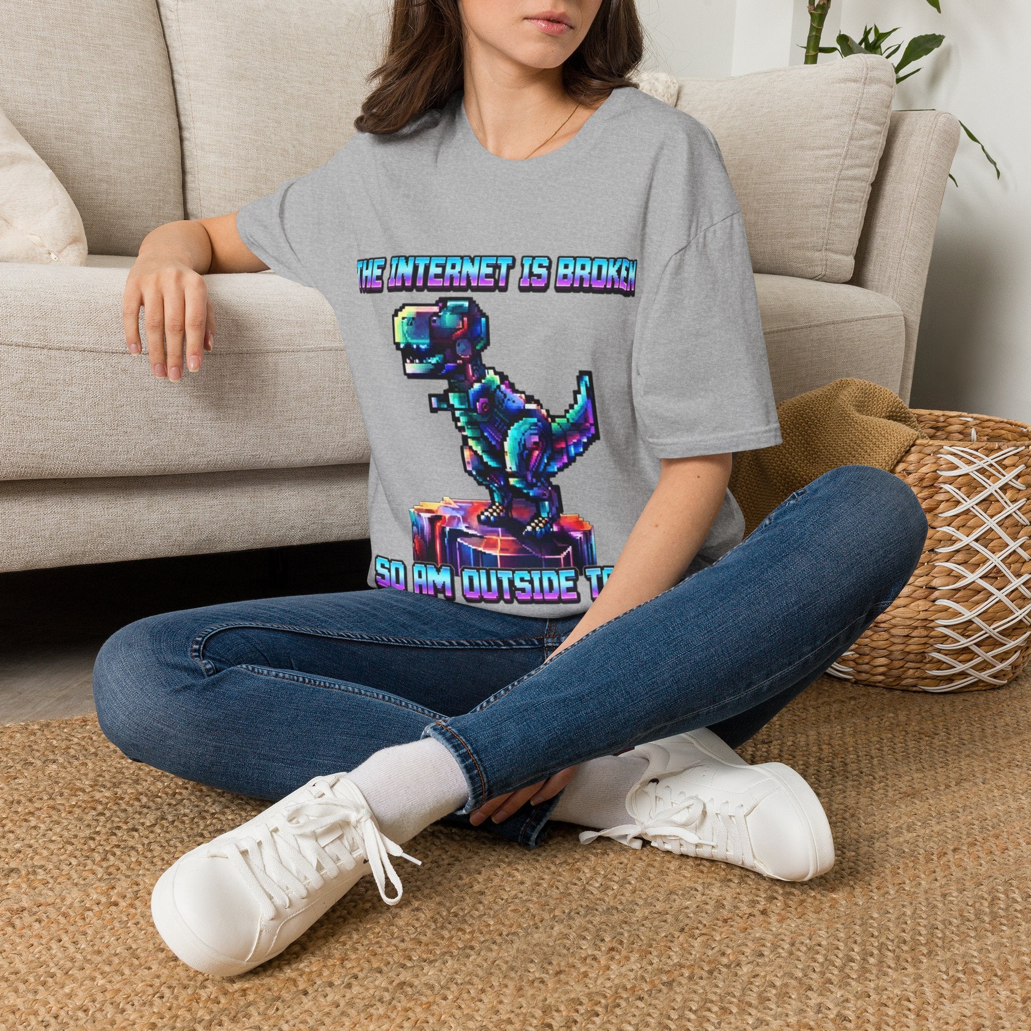 Internet Is Broke Adult  T-Shirt — Retro Pixel Dino "So Am I" Graphic Tee