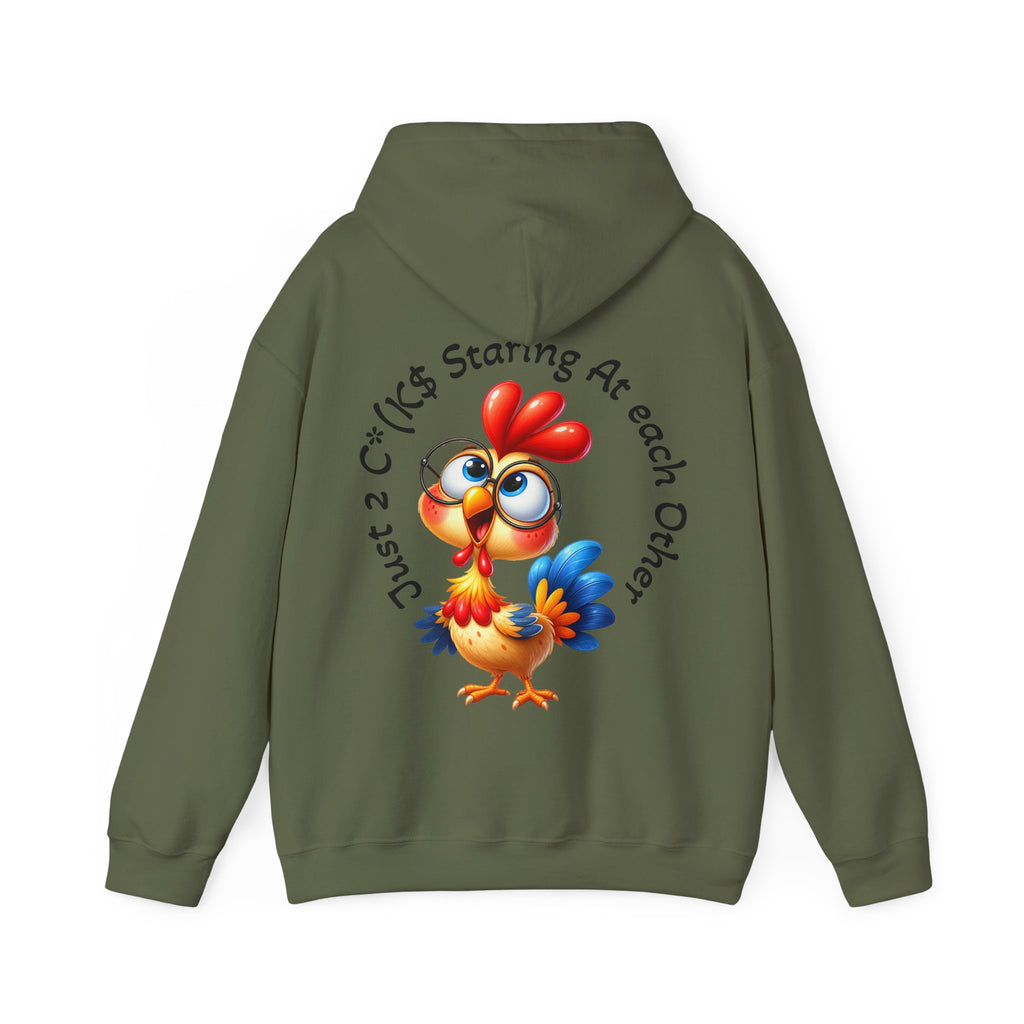 Adult Hoodie — Cute Cartoon Chicken “Just 2 C*#ks Staring At Each Other” Funny Graphic Hoodie