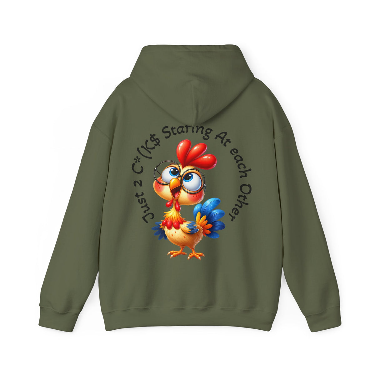Adult Hoodie — Cute Cartoon Chicken “Just 2 C*#ks Staring At Each Other” Funny Graphic Hoodie