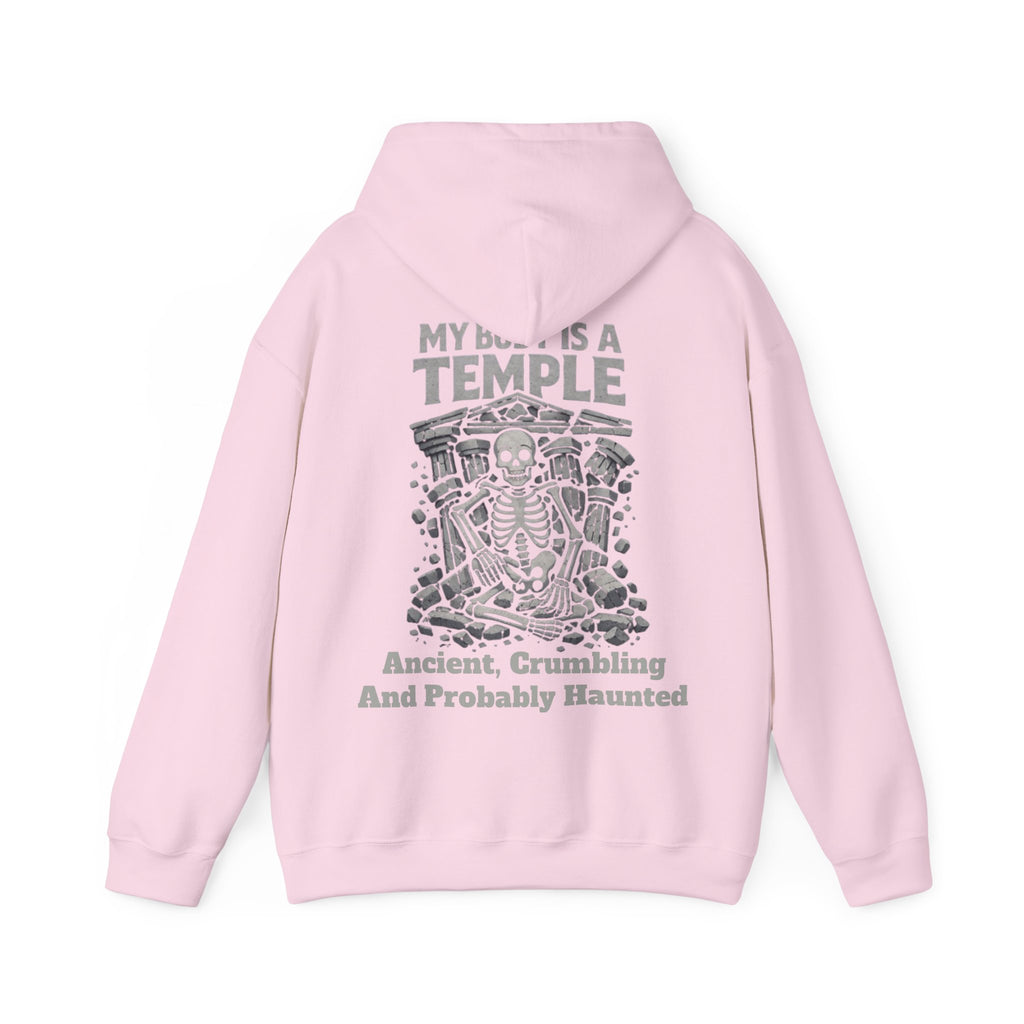 Skeleton Meditation Adult Hoodie — “My Body Is a Temple: Ancient, Crumbling and Probably Haunted” Gothic Humor Pullover