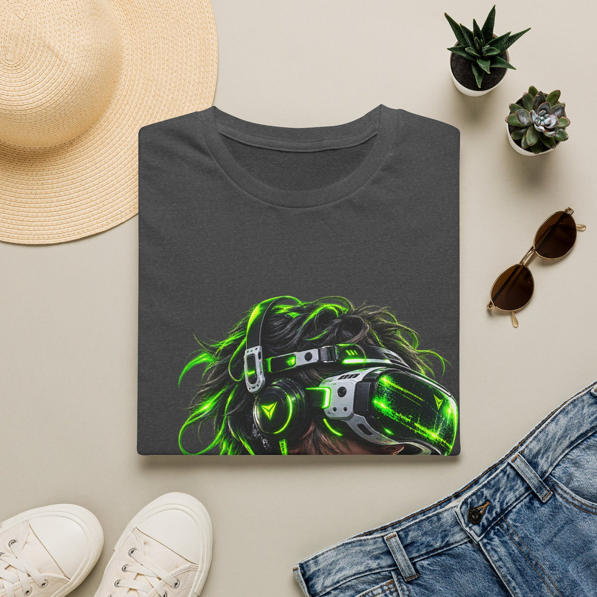 Cyberpunk VR Gamer Adult T-Shirt — Neon Green Virtual Reality Jacket Design
