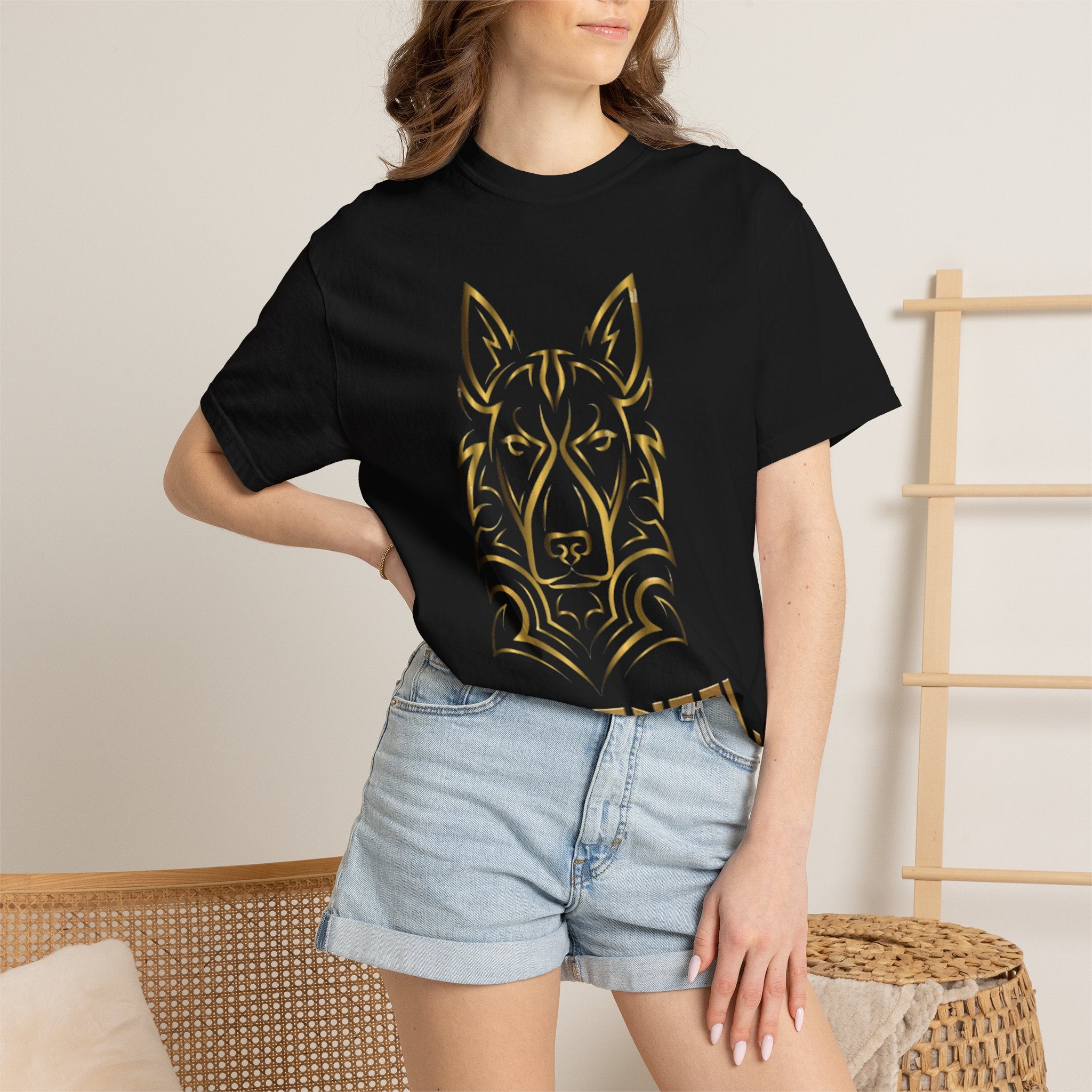 The Angel Wolf Adult T-Shirt — Gold Line Art Graphic Tee