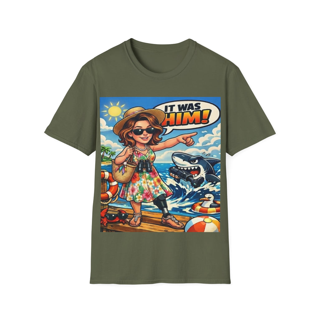 Adult T-Shirt — 'It Was Him!' Beach Shark Graphic Tee
