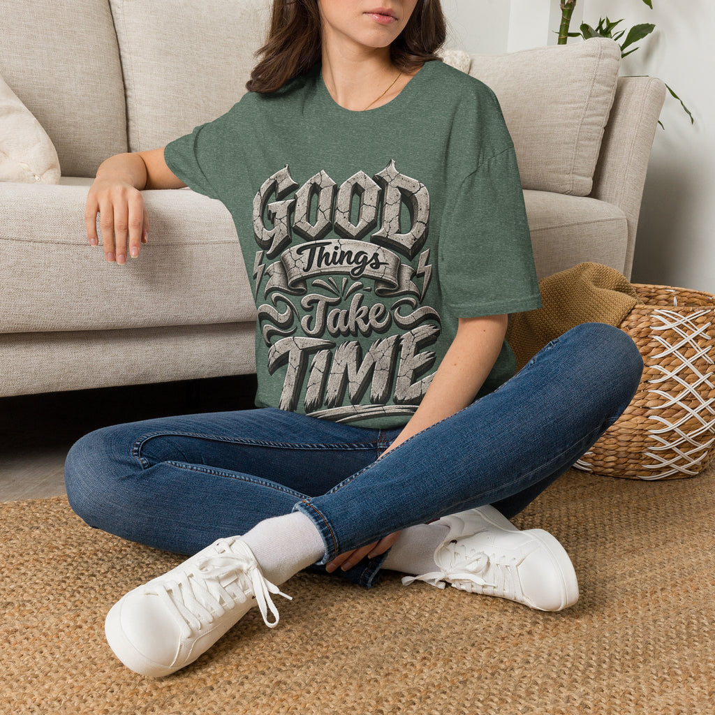 Adult T-Shirt — 'Good Things Take Time' Vintage Script Graphic Tee
