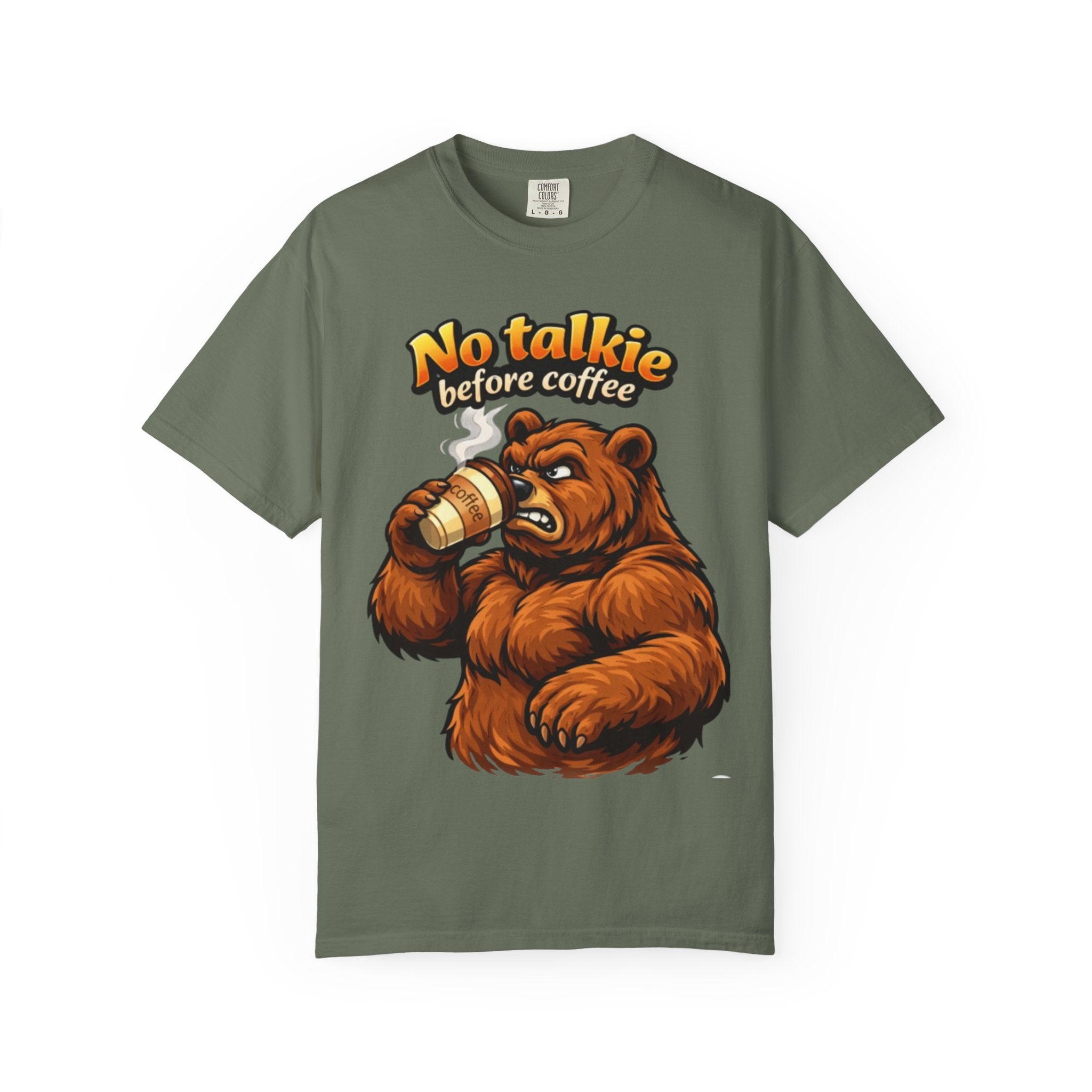 Adult T-Shirt — "No Talkie Before Coffee" Bear Graphic