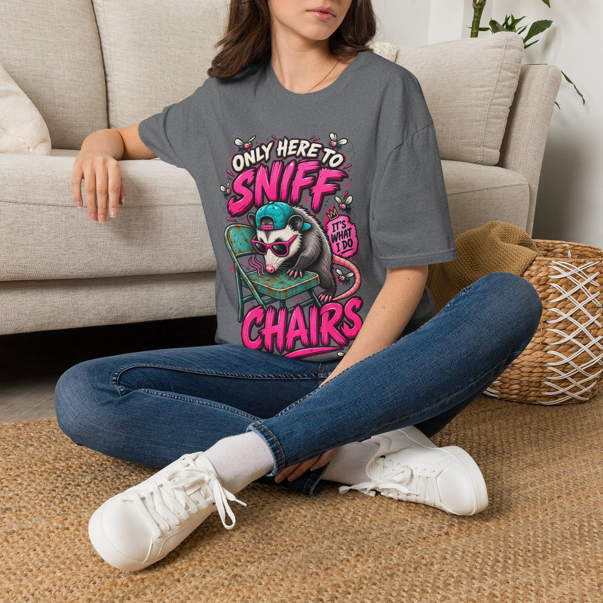 Adult T-Shirt — "Only Here to Sniff Chairs" Cute Ferret Graphic Tee