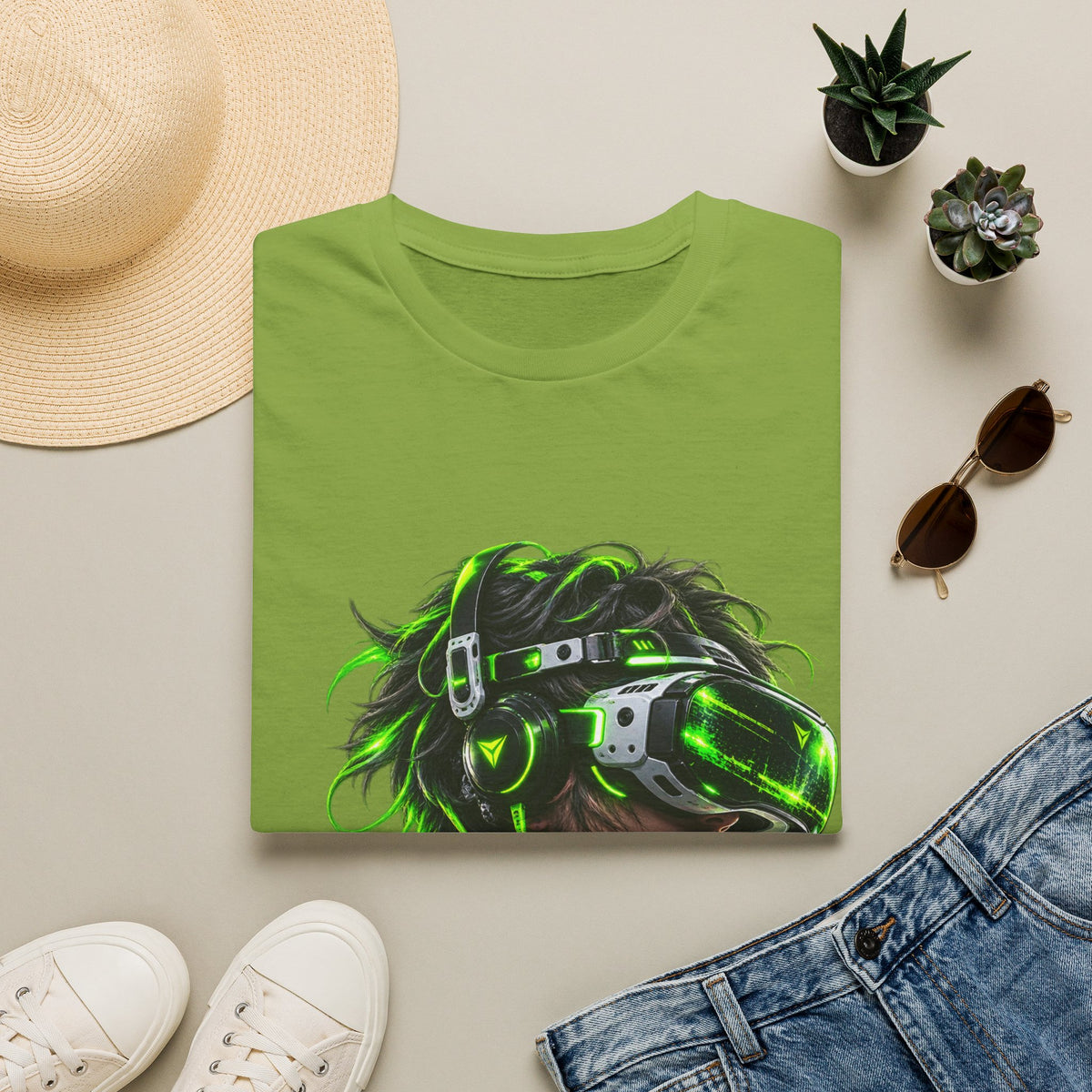 Cyberpunk VR Gamer Adult T-Shirt — Neon Green Virtual Reality Jacket Design