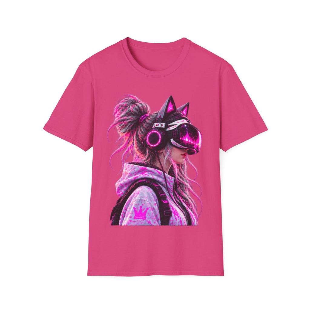 Cat VR Gamer Adult T‑Shirt — Neon Pink Cyberpunk Kitty Gamer Tee