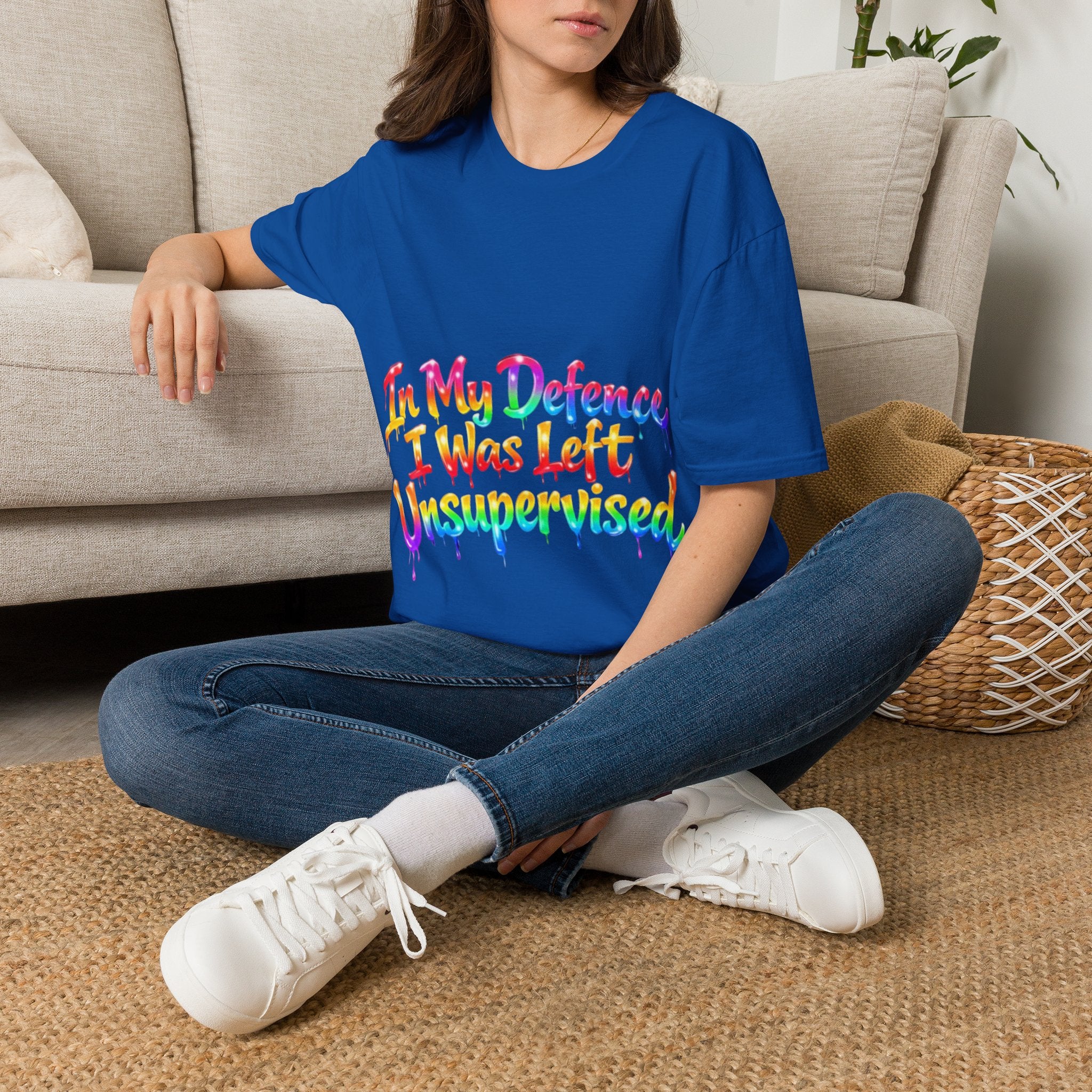In My Defense I Was Left Unsupervised Adult T-Shirt – Funny Rainbow Casual Tee for Women & Men