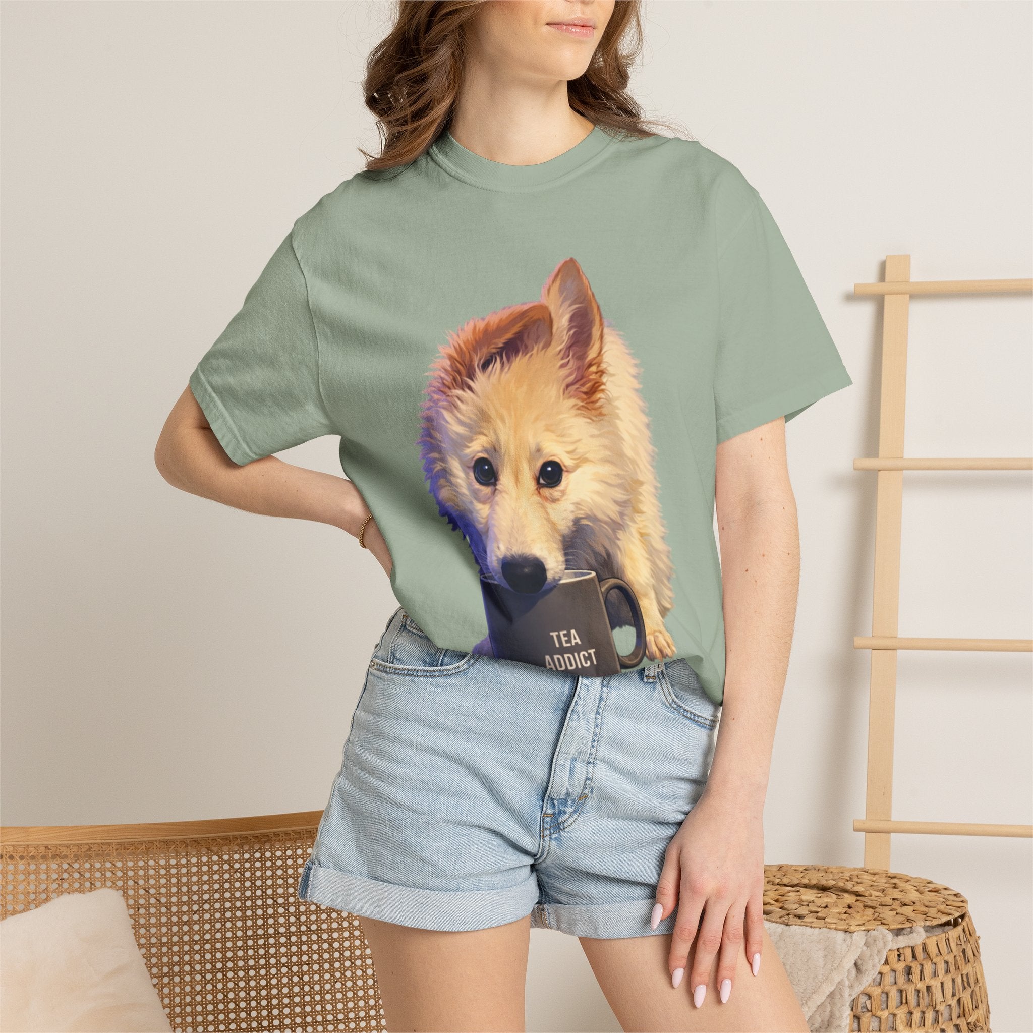 Tea Addict Puppy tee | Tyra Illustration Adult T-Shirt
