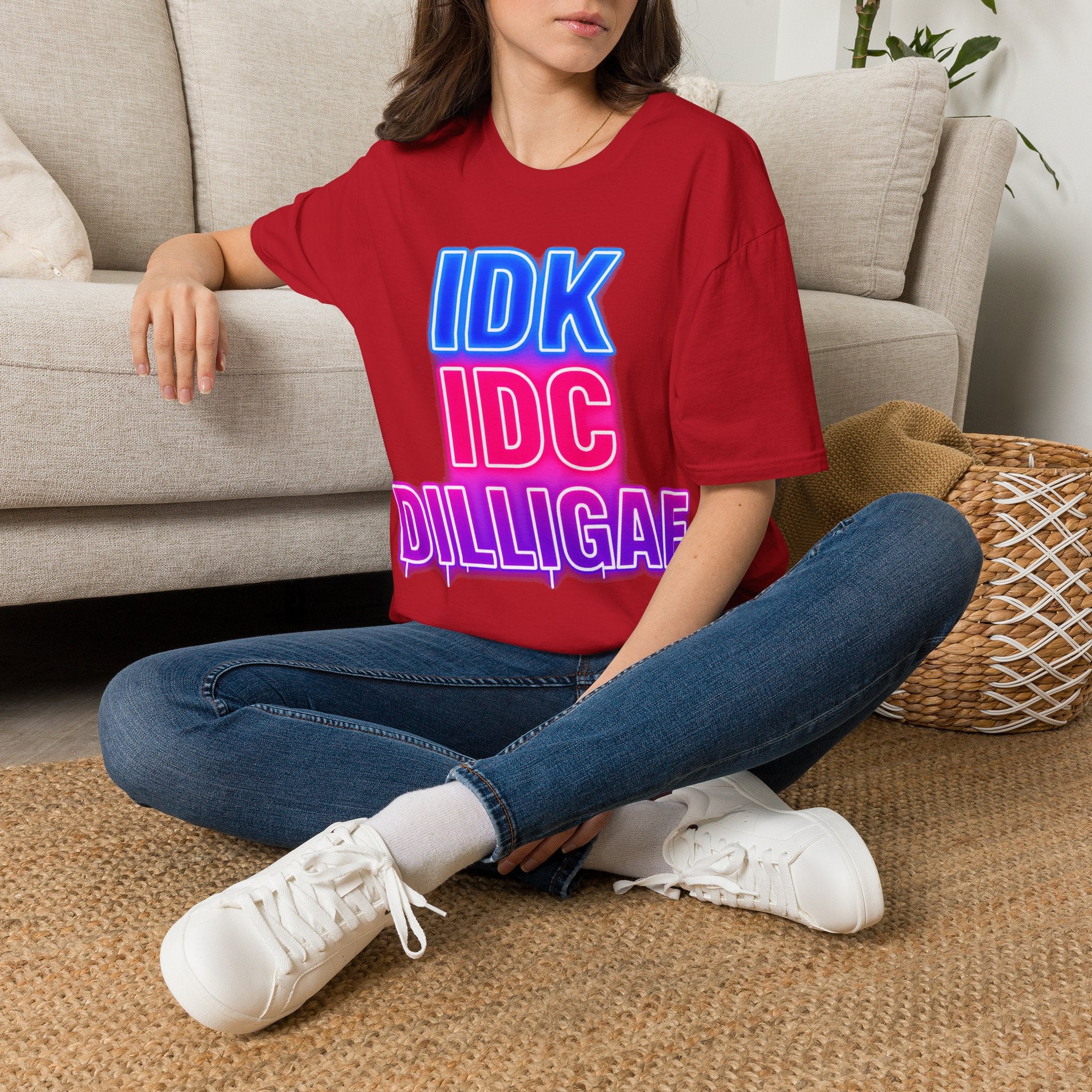 IDK IDC Dilligaf Graphic Adult T-Shirt – Neon Retro Statement Tee