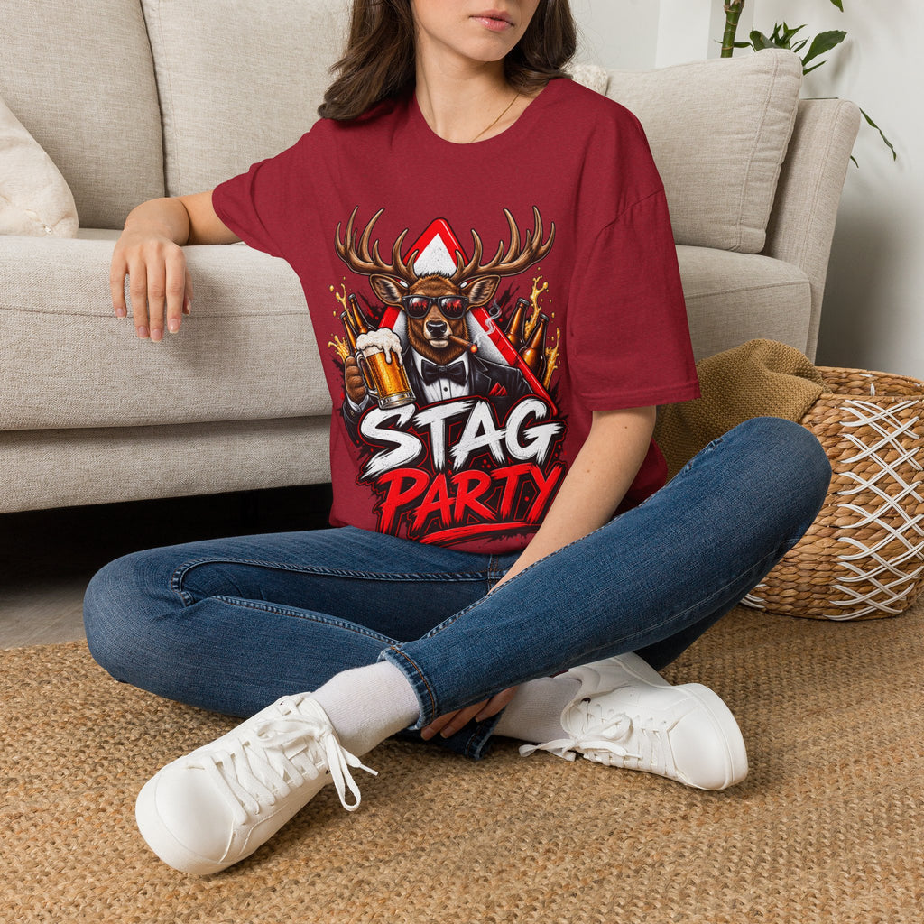 Stag Party Adult T-Shirt — Funny Beer-Drinking Deer Graphic Tee for Bachelor Parties