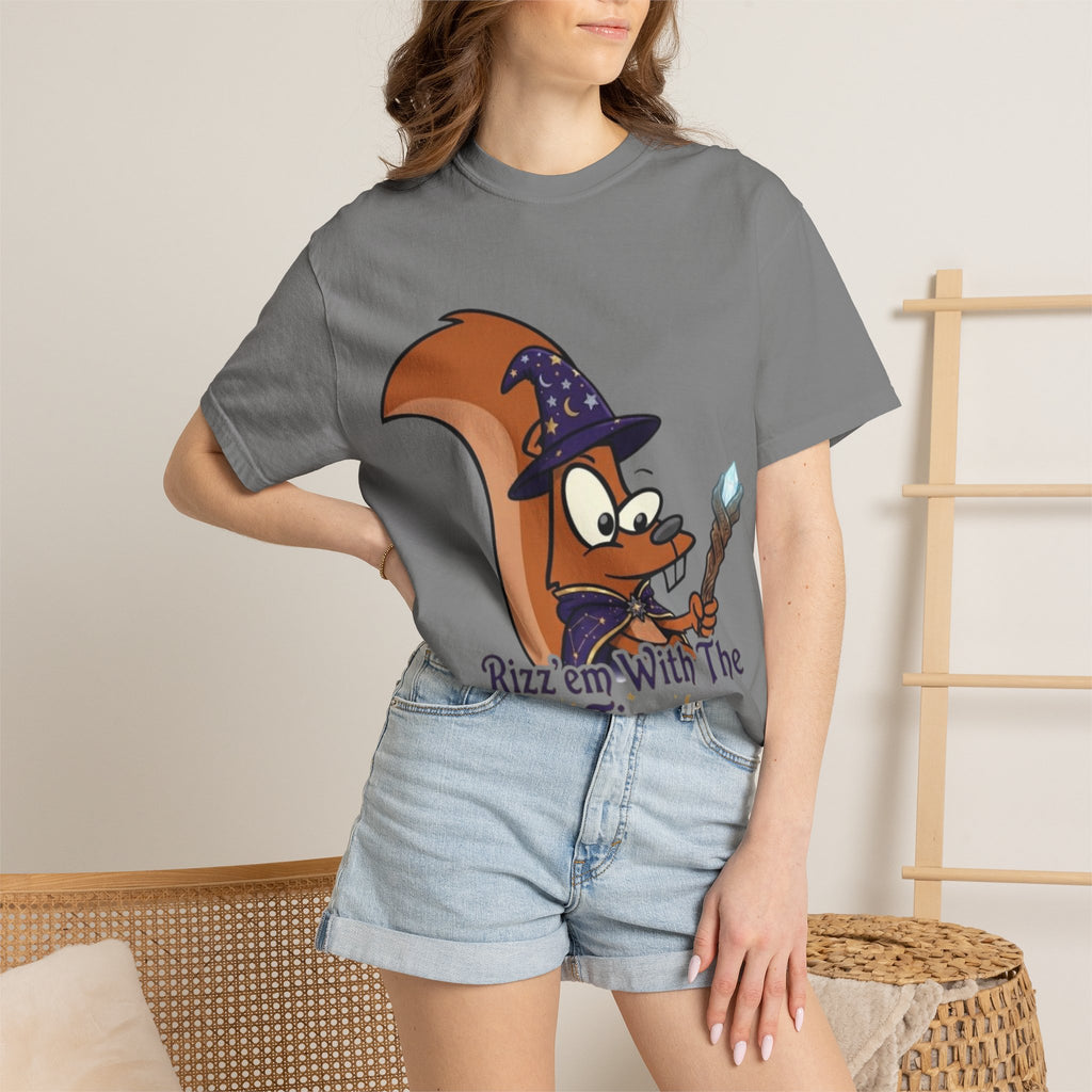 Wizard Squirrel Adult T-Shirt — "Rizz 'em With The Tism" Cute Magic Cartoon Tee