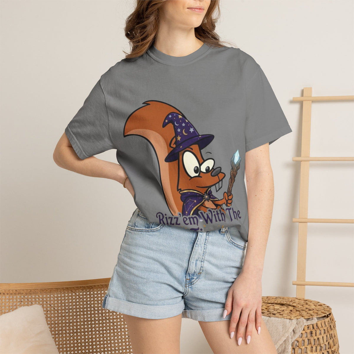 Wizard Squirrel Adult T-Shirt — "Rizz 'em With The Tism" Cute Magic Cartoon Tee