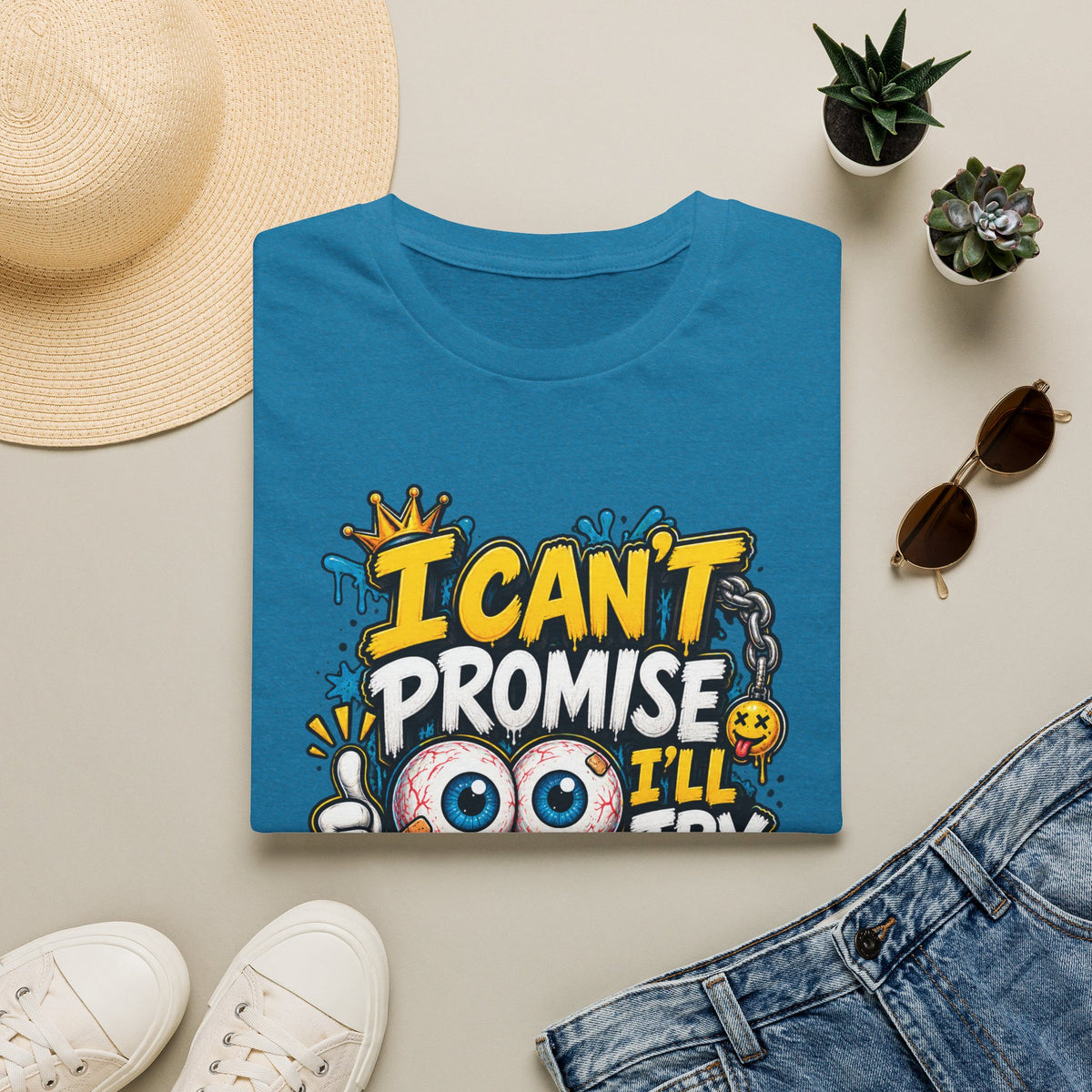 I Can't Promise I'll Try Graphic Adult T-Shirt — Funny Motivational Casual Tee
