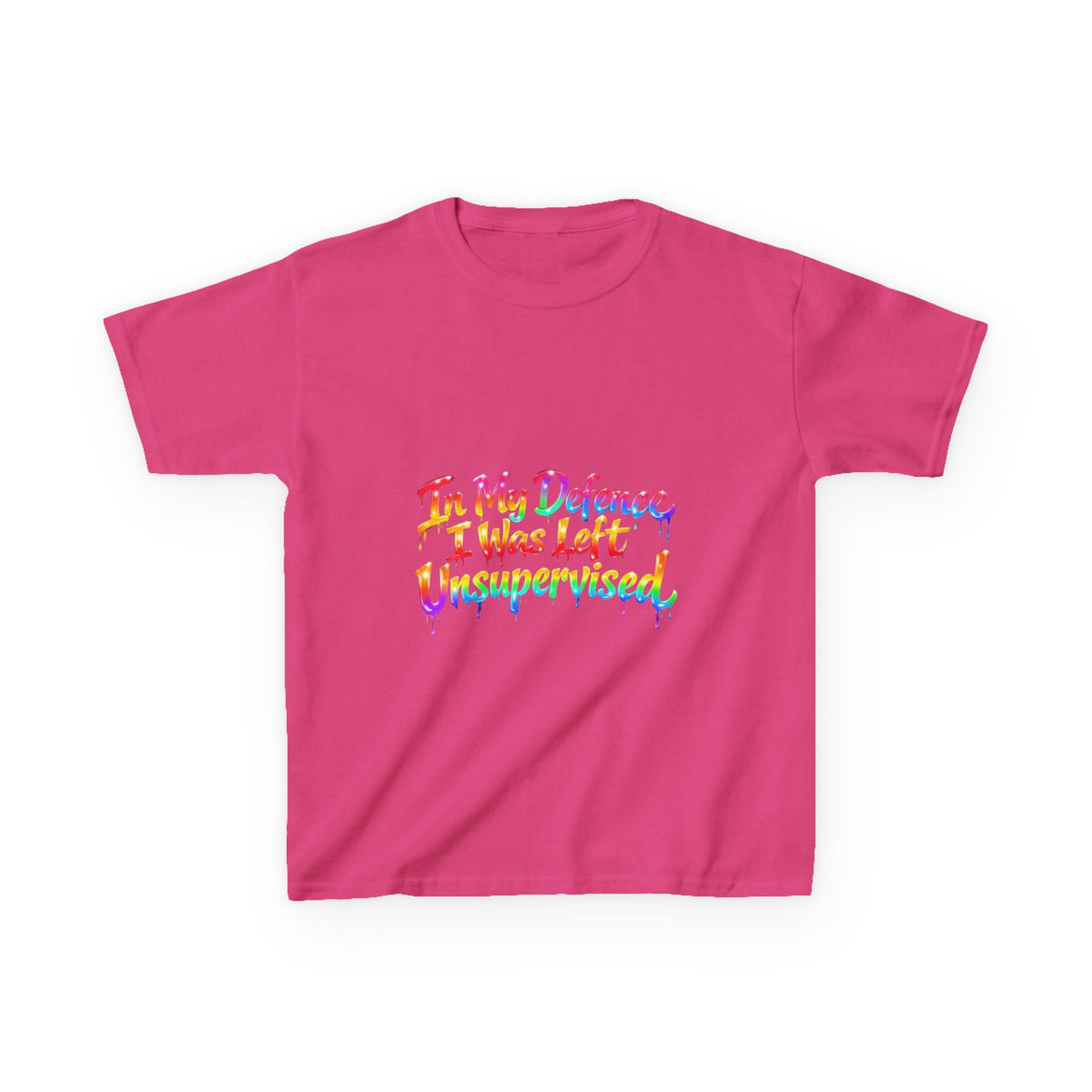 Kids Tee — "In My Defence I Was Left Unsupervised" Rainbow Drip Graphic