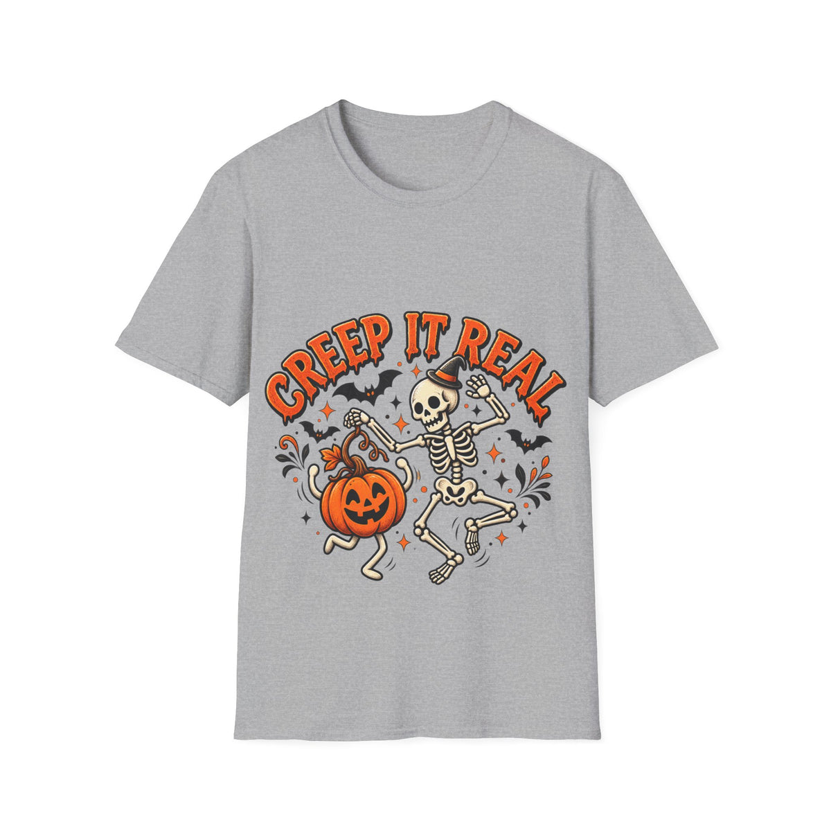 Creep It Real Halloween Adult T-Shirt — Dancing Skeleton & Pumpkin Graphic
