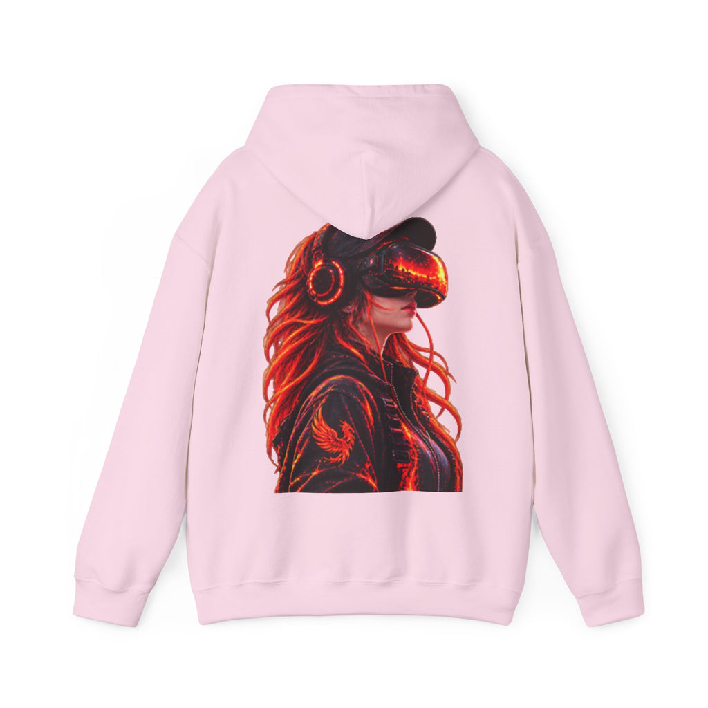 VR Headset Adult Hoodie — Futuristic Gamer Portrait Graphic Hooded Sweatshirt