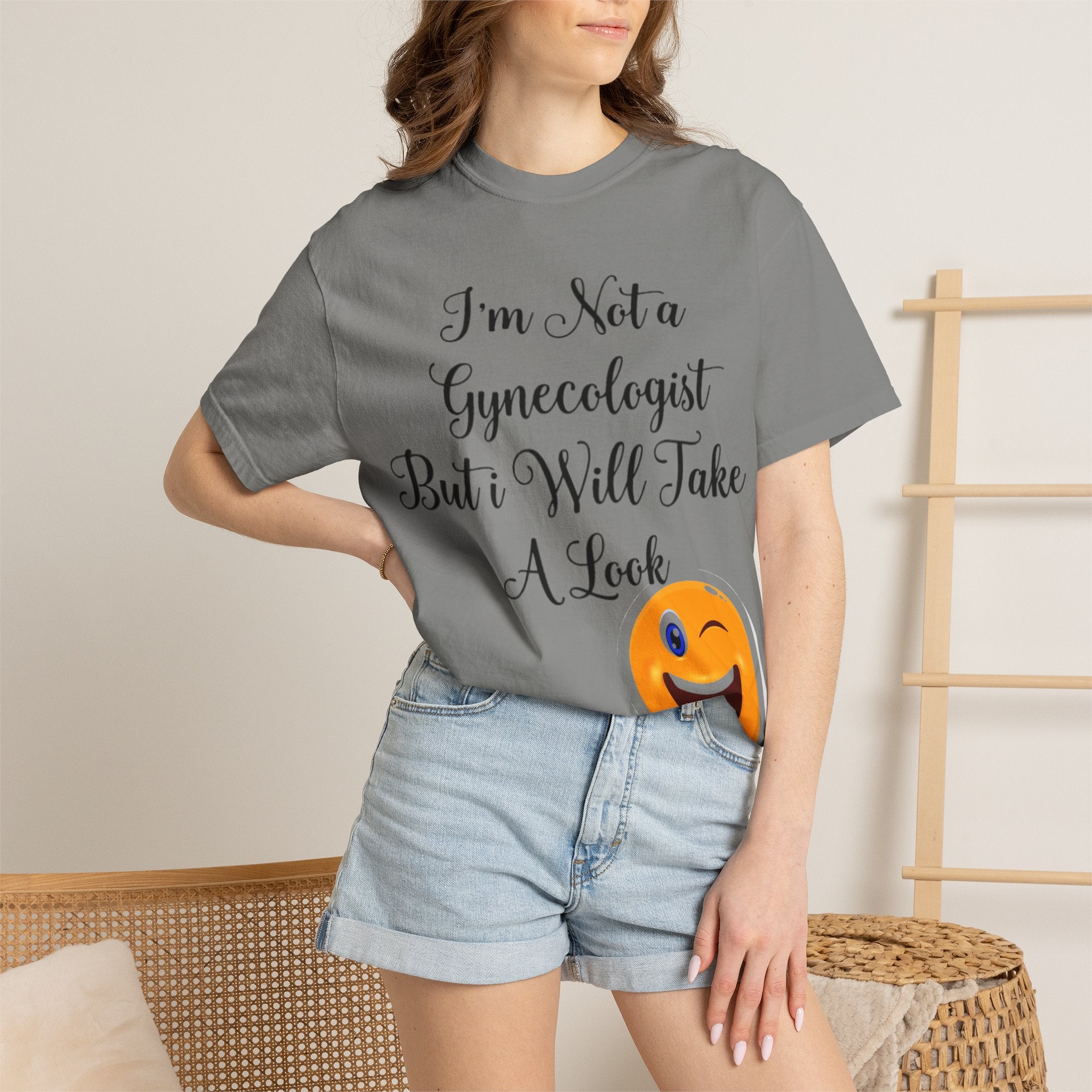 Funny Gynecologist Joke Adult T-Shirt — "I'm Not a Gynecologist But I Will Take a Look" Emoji Tee