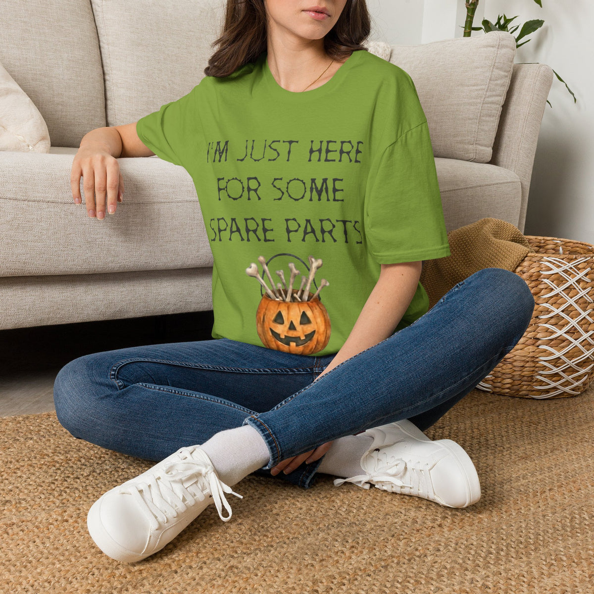 Halloween Pumpkin Jack-o'-Lantern Adult T-Shirt — "I'm Just Here For Some Spare Parts"