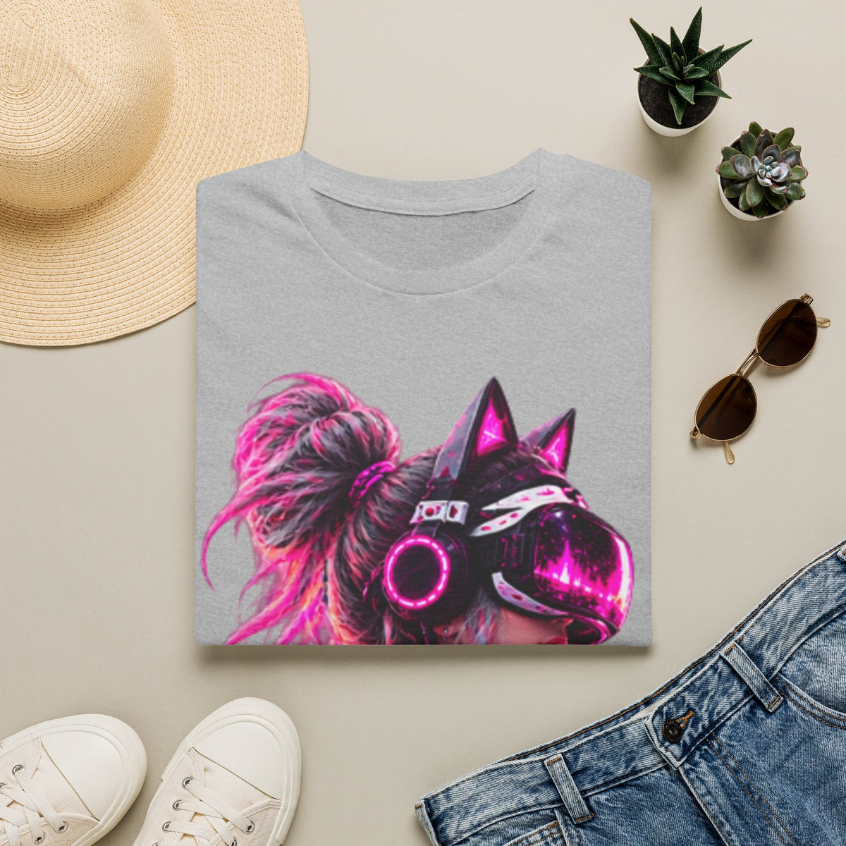 Cat VR Gamer Adult T‑Shirt — Neon Pink Cyberpunk Kitty Gamer Tee