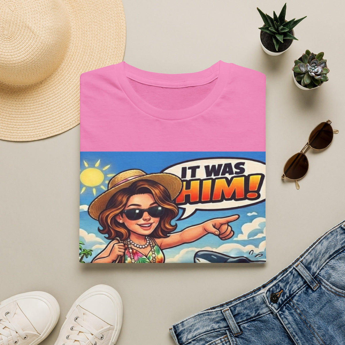Adult T-Shirt — 'It Was Him!' Beach Shark Graphic Tee