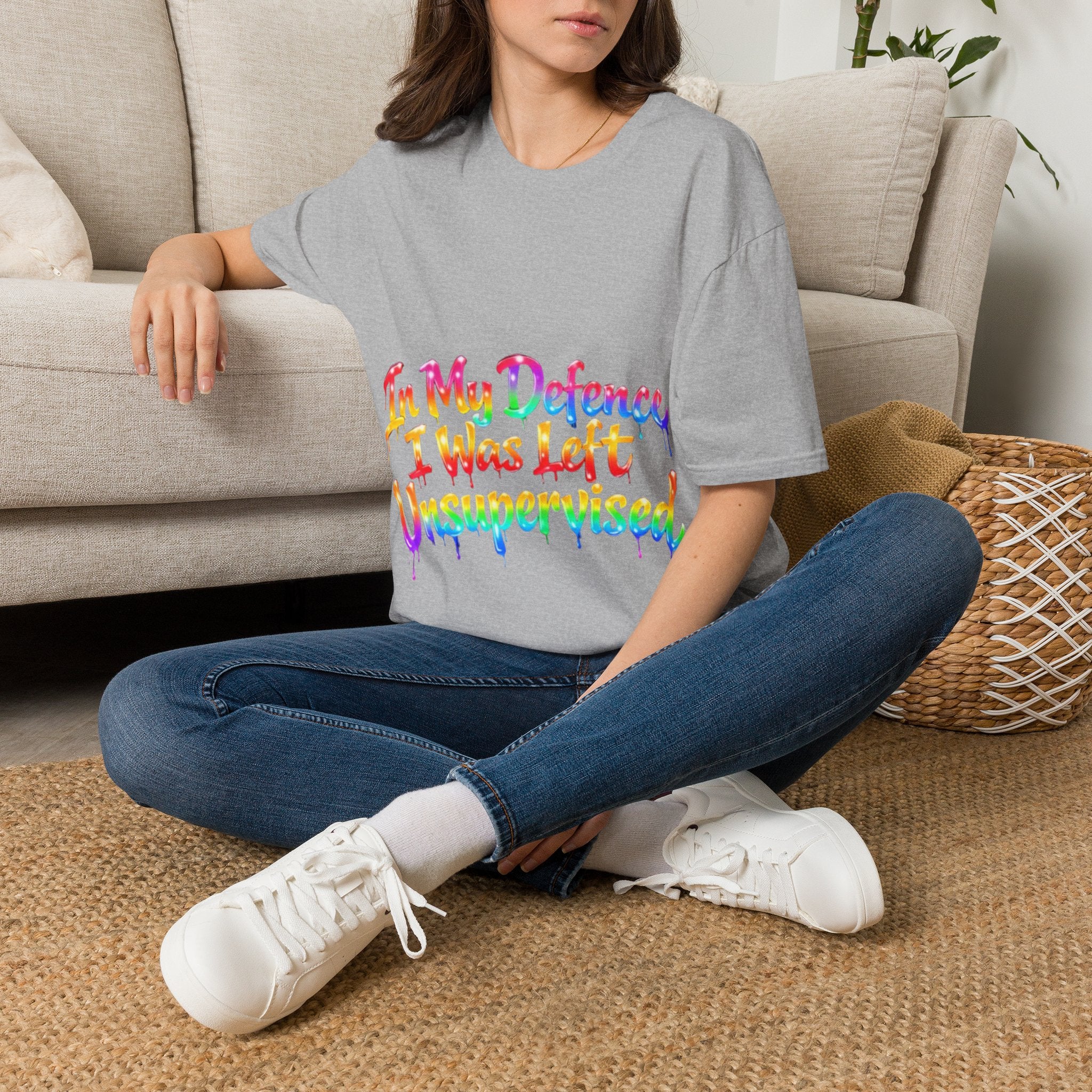 In My Defense I Was Left Unsupervised Adult T-Shirt – Funny Rainbow Casual Tee for Women & Men