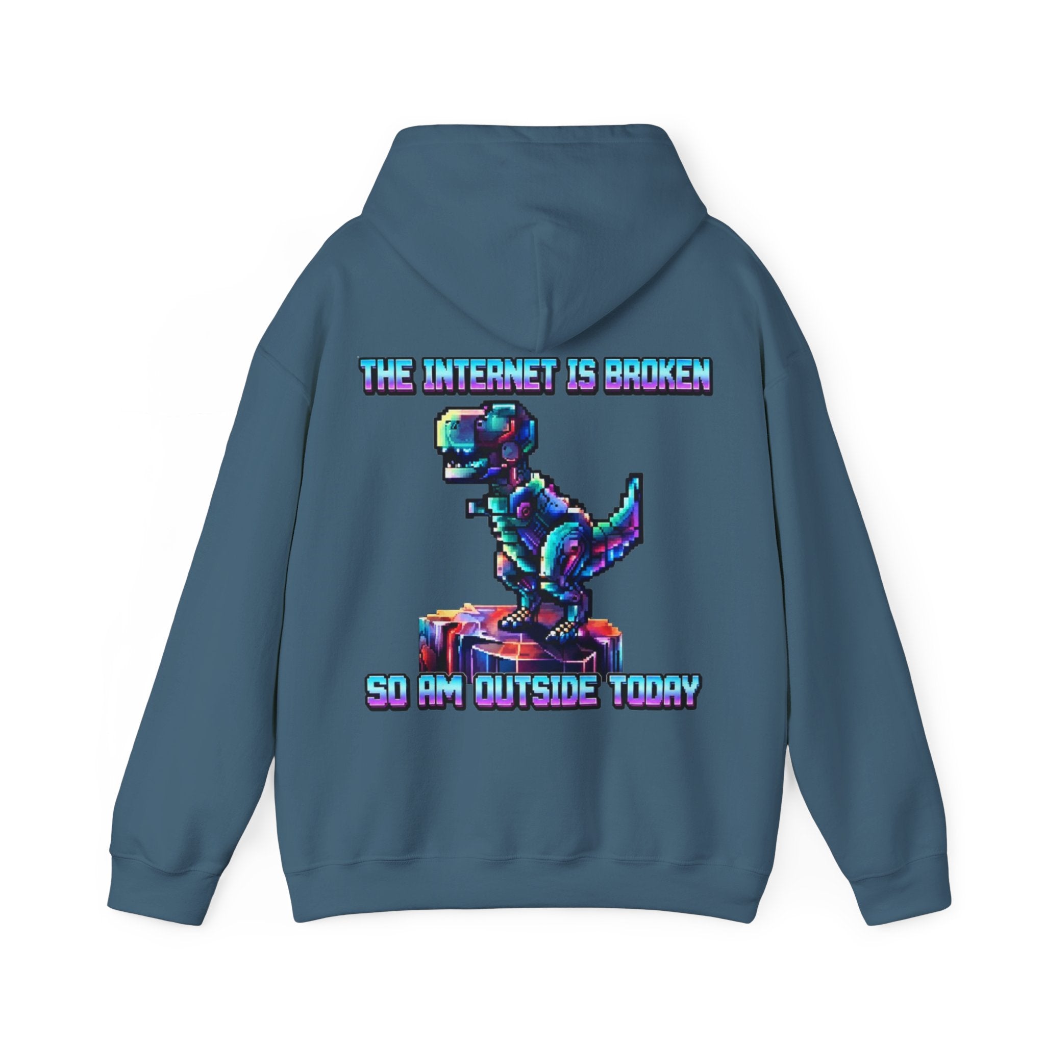 Retro Pixel Dino Adult Hoodie - "The Internet Is Broken So I’m Outside Today"