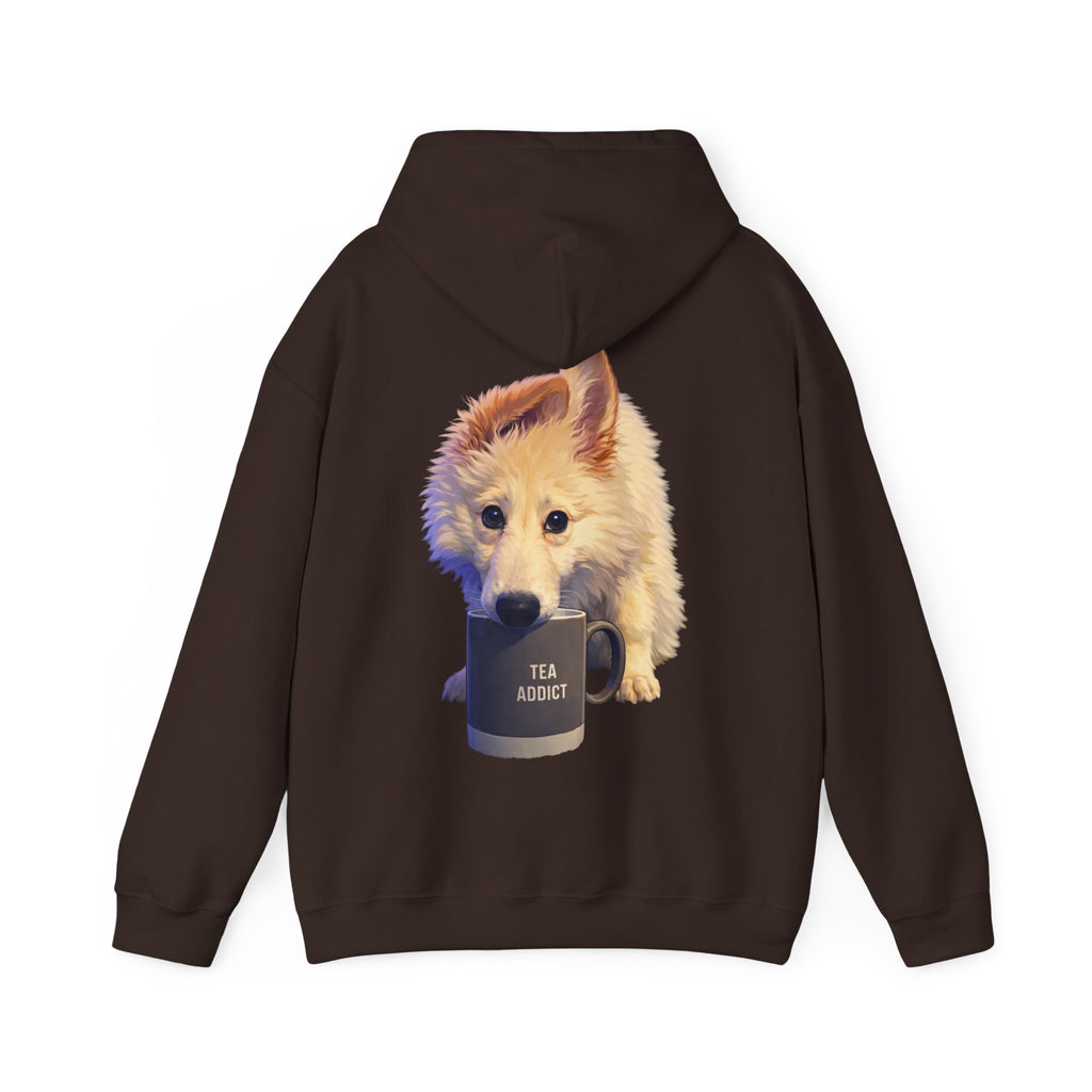 Cute Fluffy Dog With Tea Mug Adult Hoodie | Dog Illustration Sweatshirt