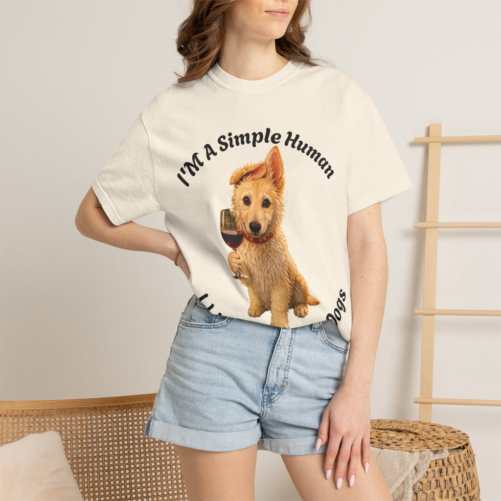 Adult T-Shirt — "I'm A Simple Human I Like Wine And Dogs" Cute Dog & Wine Graphic Tee