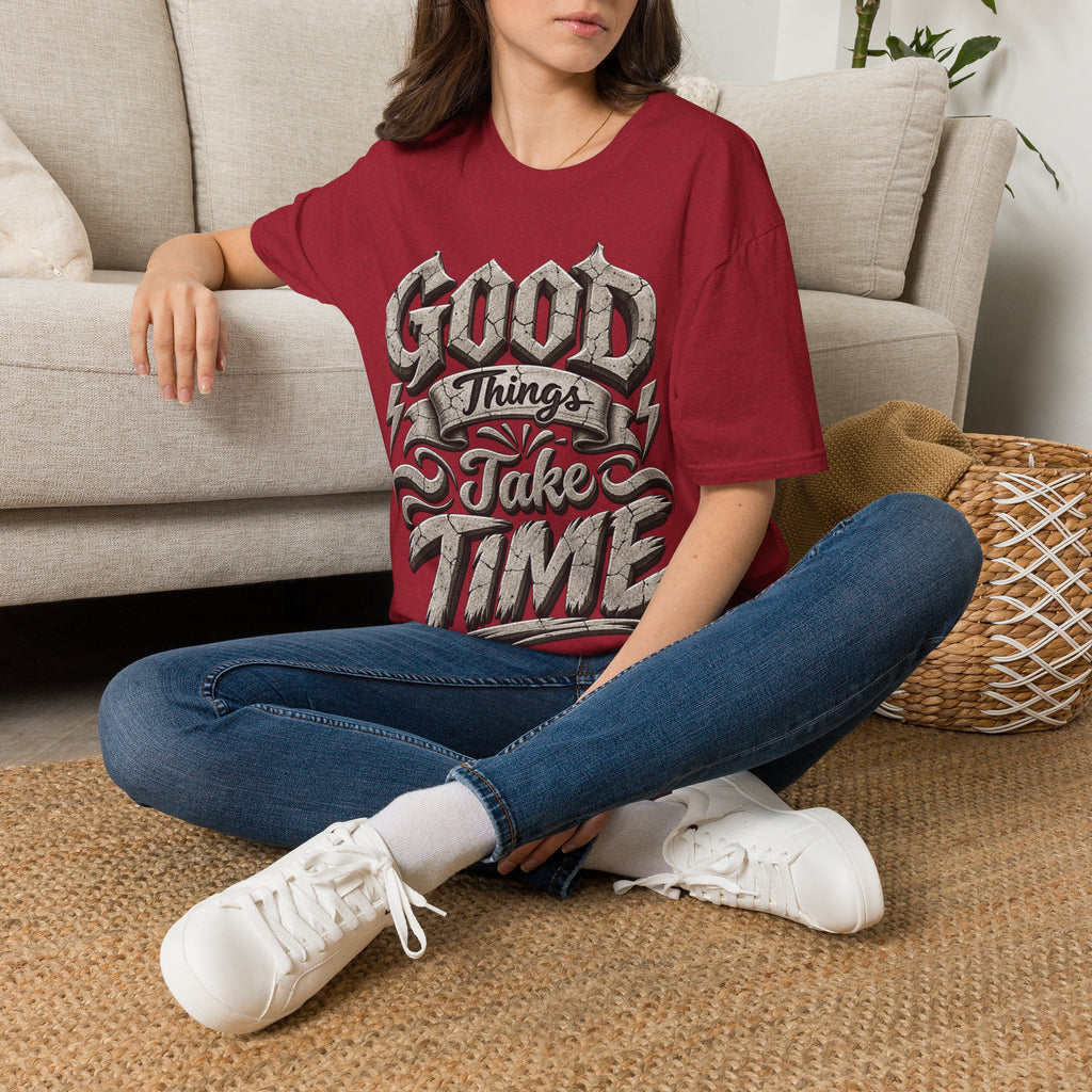 Adult T-Shirt — 'Good Things Take Time' Vintage Script Graphic Tee