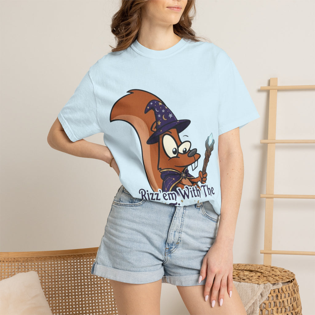Wizard Squirrel Adult T-Shirt — "Rizz 'em With The Tism" Cute Magic Cartoon Tee