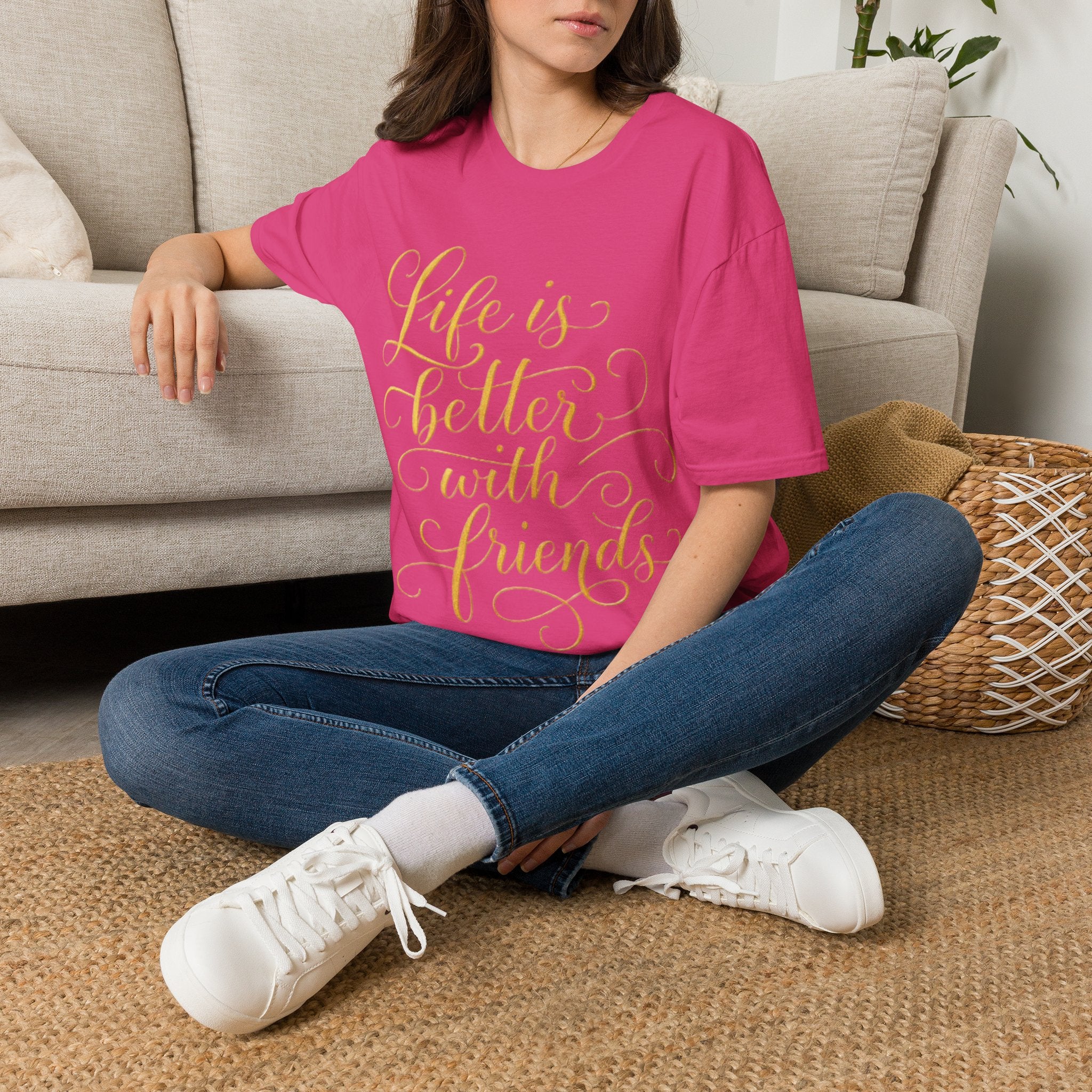 Adult T-Shirt — "Life is Better with Friends" Gold Script Tee