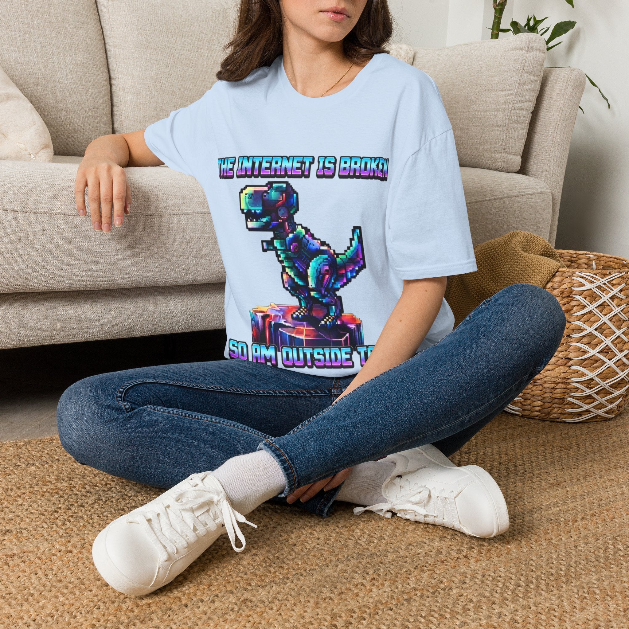 Internet Is Broke Adult  T-Shirt — Retro Pixel Dino "So Am I" Graphic Tee