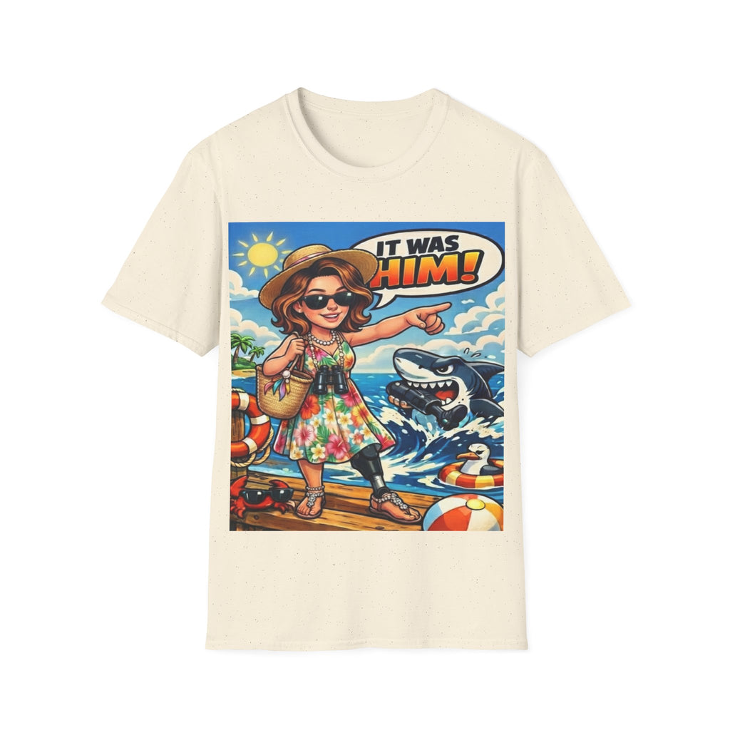 Adult T-Shirt — 'It Was Him!' Beach Shark Graphic Tee