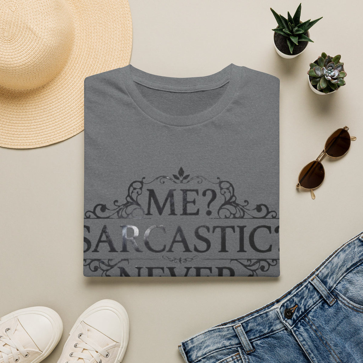 Sarcastic Adult Tee — "Me? Sarcastic? Never." Vintage Ornate Graphic T-Shirt