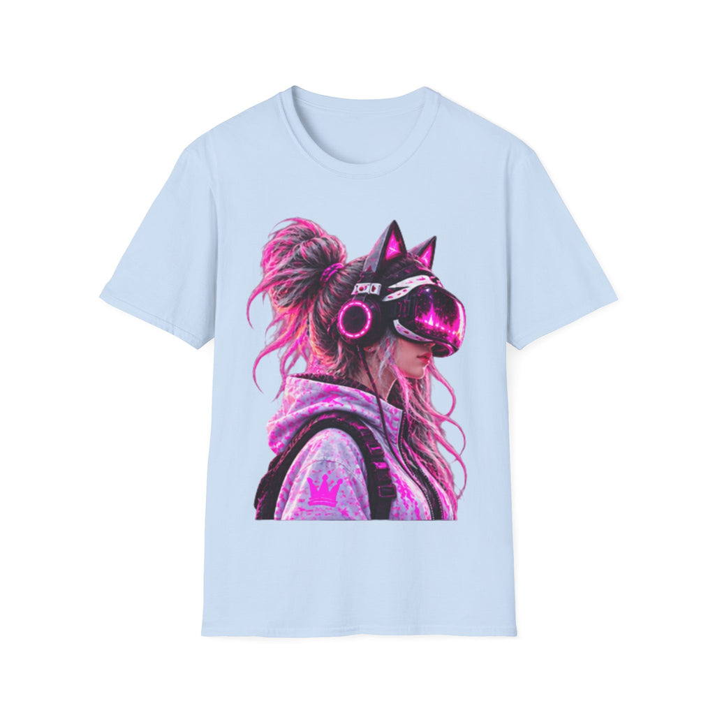 Cat VR Gamer Adult T‑Shirt — Neon Pink Cyberpunk Kitty Gamer Tee
