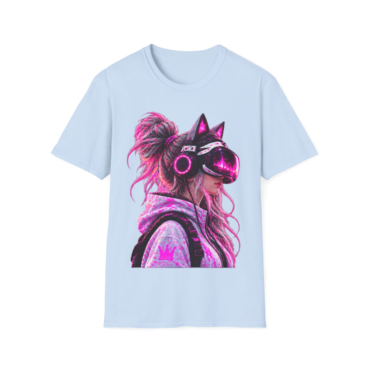 Cat VR Gamer Adult T‑Shirt — Neon Pink Cyberpunk Kitty Gamer Tee